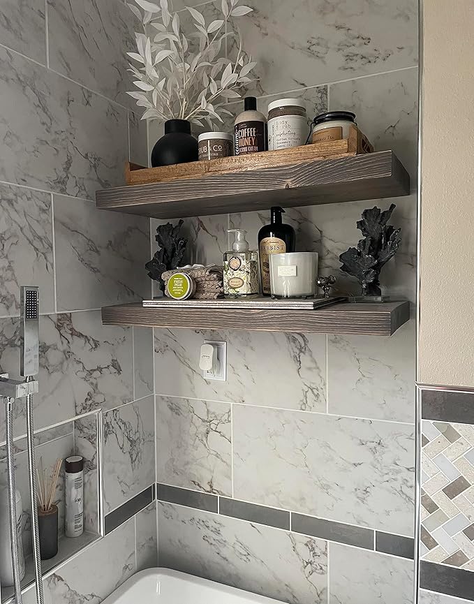 Joel's Antiques 24 Inch Wooden Floating Shelves for Wall - 24x8x2 in - Made of Natural Wood - Heavy Duty Rustic Wall Shelves for Bedroom - Perfect for Living Room, Kitchen - Gray-Ruum Studio Home