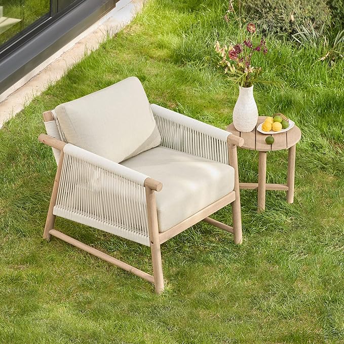 CHITA Boho Patio Rattan Chair Set of 2, Outdoor Wicker Chair with 7.1″ Thickened Cushions Acacia Wood Frame(Cream)-Ruum Studio Home