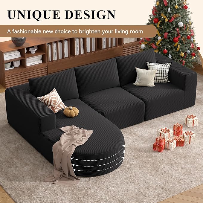 Modular Sectional Sofa with L-Shape Chaise,Cloud Sectional Modern Sleeper Couch with Deep Seat,Sponge Compression Sofas No Assembly Required (Black-Corduroy Fabric) 1pcs-Ruum Studio Home