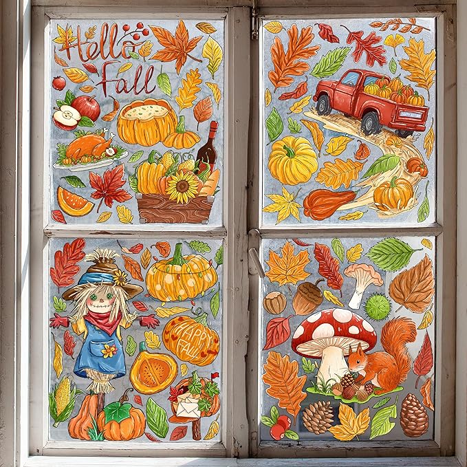 Fall Window Clings Decorations - Leaves Pumpkin Scarecrow Autumn Clings for Glass Windows, Double Sided Reusable Window Stickers, Cute Large Thanksgiving Harvest Window Decals-184 PCS/9 Sheet-Ruum Studio Home