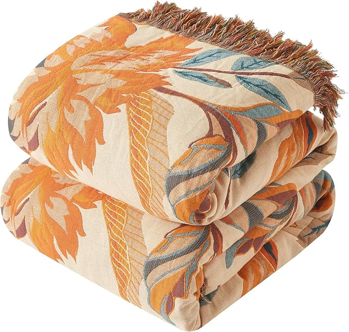 Boho Throw Blanket for Couch Sofa Bed, 100% Cotton Woven Quilt with Tassel 80”x90”, Super Soft Muslin Blanket with Floral Printed, Decorative Reversible Bed Blanket/Cover for All Seasons-Ruum Studio Home