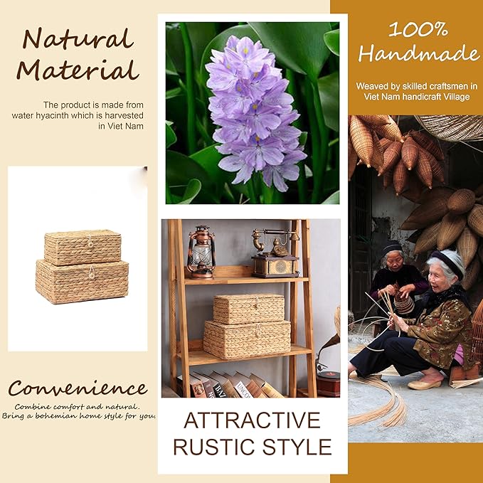 Set of 2 Rectangular Wicker Storage Bins with Lid, Rattan Basket Decorative Boxes, Multipurpose Organizer Display Boxes for Shelf Organizer, Boho Rattan Box for Home Decoration-Ruum Studio Home