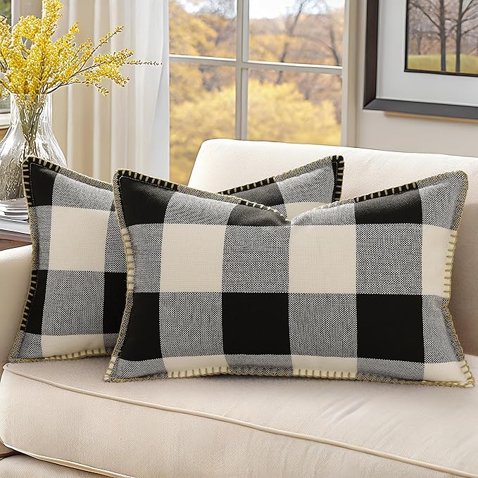 decorUhome Buffalo Plaid Check Throw Pillow Covers 12x20 Set of 2, Outdoor Lumbar Decorative Farmhouse Neutral Pillow Covers with Stitched Edge for Bed Couch Sofa, Black and White-Ruum Studio Home
