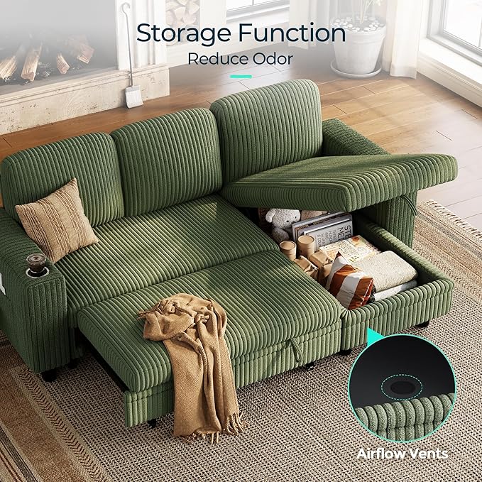 LINSY HOME Sectional Sleeper Sofa with Pull Out Couch Bed Convertible Plush Corduroy Cloud Couch with Storage Chaise & USB Charging, Comfy L Shaped Modular Couches for Living Room Apartment (Green)-Ruum Studio Home