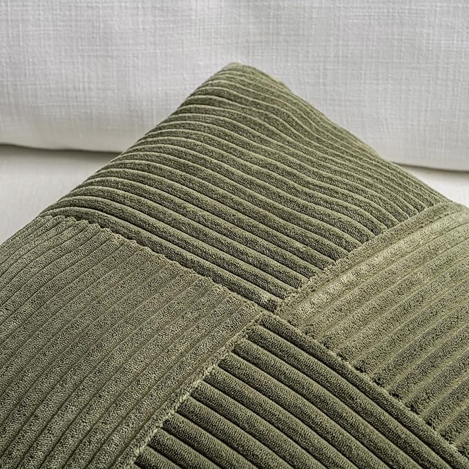 Fancy Homi Set of 2 Olive Green Boho Long Lumbar Body Decorative Throw Pillow Cover 14x36 Inch for Bed Couch Bedroom Bench, Soft Patchwork Corduroy Textured Pillow Case, Rustic Farmhouse Room Décor-Ruum Studio Home