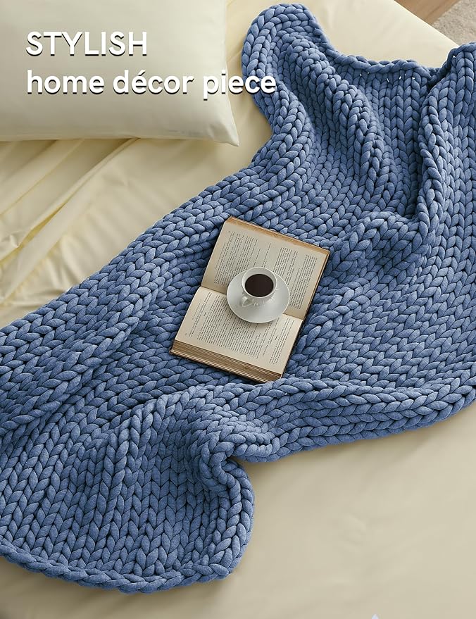 YnM Chunky Throw Blanket, Medium-Weight, Hand Knitted, Skin Friendly, Ventilated and Breathable, Machine Washable, Home Décor Piece for Couch, Sofa and Bed (Cerulean Blue, 50x70 Inch)-Ruum Studio Home