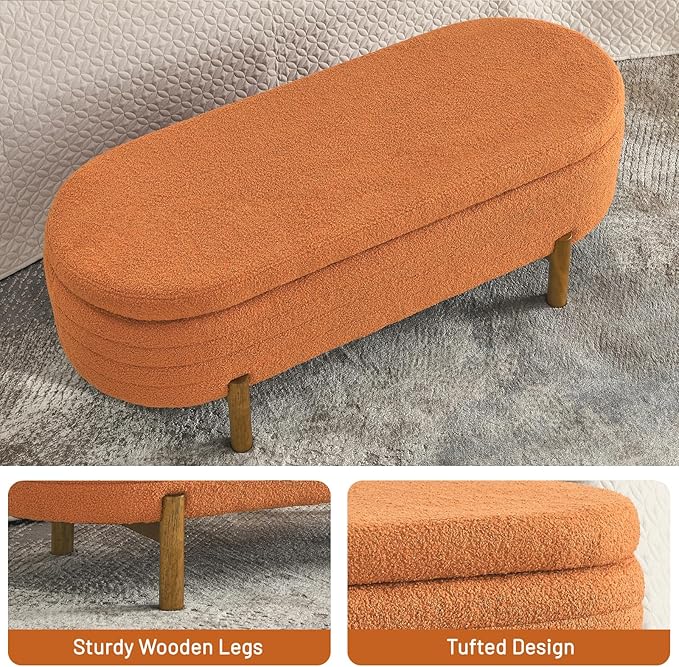 Furniliving 46” Storage Benches, End of Bed Bench with Button-Tufted Large Upholstered Storage Ottoman Teddy Window Bench with Storage Shoe Cabinet Bench, for Bedroom, Entryway, Closet, Orange-Ruum Studio Home