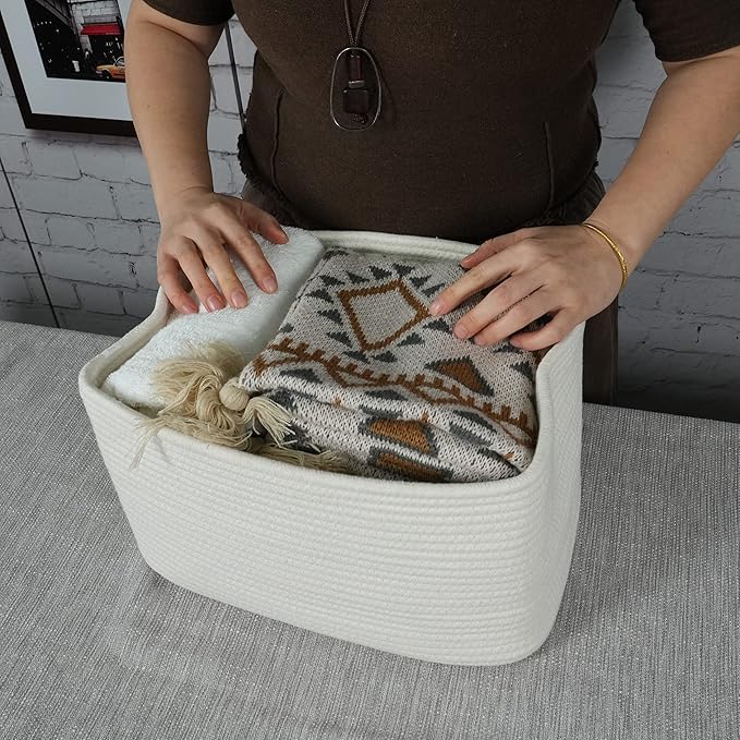 Cotton Rope storage Basket Bins Woven Basket for Organizing Shelves Rectangle Decorative Baskets For storage Clothes Toys Books Towels Square Wicker Nursery basket organizer 3 pack white-Ruum Studio Home