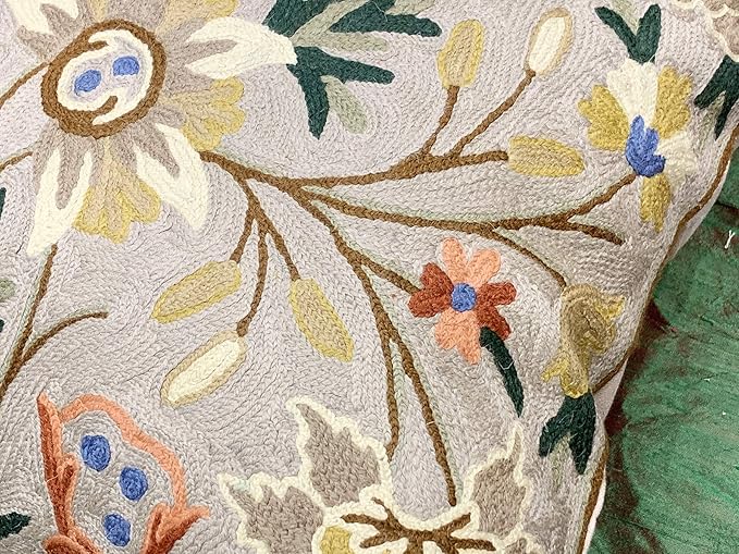 Beige Floral Pillow Cover Taupe Flower Traditional Hand Embroidered Pillowcase Traditional Outdoor Cushion Suzani Couch Flowery Needlepoint Chair Cushion Wool Size - 18x18-Ruum Studio Home