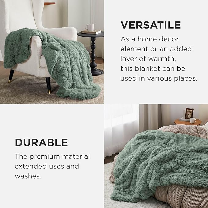 Bedsure GentleSoft Fuzzy Sherpa Faux Fur Twin Blanket Sage Green Cozy Gifts for Women Men, Soft Fleece Plush Warm Minky Thick Blanket Twin Size for Bed, Dorm Essentials Sage Room Decor Gifts, 60x80-Ruum Studio Home