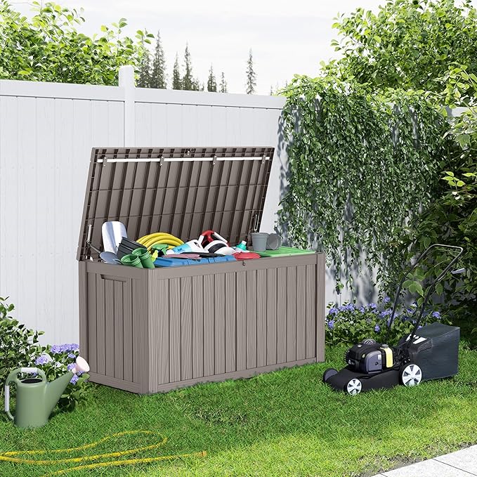 150 Gallon Resin Deck Box, Lockable Patio Outdoor Storage Box for Furniture, Garden Tools and Tools Storage, Waterproof Outside Storage Boxes - Grey-Ruum Studio Home
