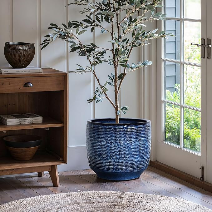 LuxenHome 15.5" Dia Large Ceramic Pots for Plants, Ocean Blue Glazed Planters for Outdoor Plants, Round Indoor Flower Pots with Drainage Hole and Rubber Plug for Home Garden Patio-Ruum Studio Home
