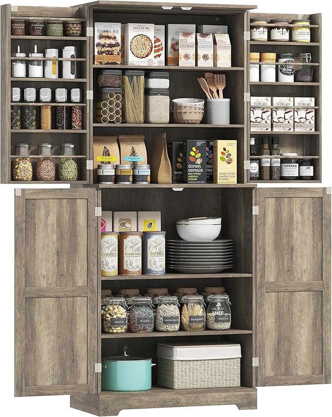 HOMCOM 72" Farmhouse Kitchen Pantry Cabinet, Freestanding Tall Storage Cabinet with 4 Barn Doors, 4 Adjustable Shelves and 8 Door Shelves, Gray Wash-Ruum Studio Home