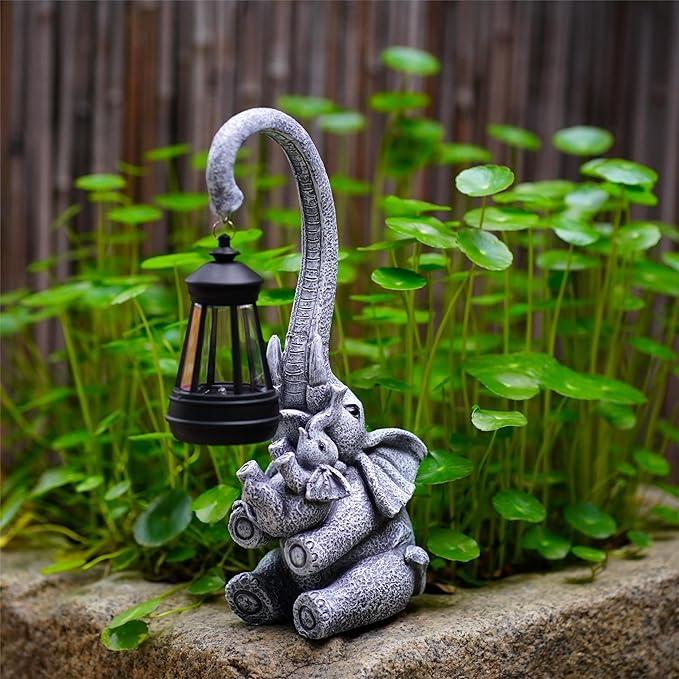 Elephant Outdoor Statues with Cute Baby Garden Decor, Resin Elephant Figurines with Solar Lantern Outdoor Decoration Gifts for Mothers Day, Birthday Day-Ruum Studio Home