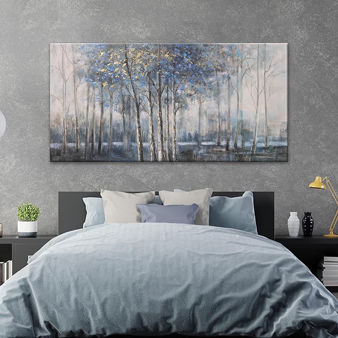 Canvas Wall Art Decor Pictures Wall Decor Prints Modern Wall Art Decor Large Gold Wall Art Blue Grey Misty Botanical Textured Artwork for Walls For Room Living Room Bedroom Office Wall Decor 29"X58"-Ruum Studio Home