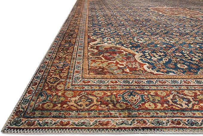 Loloi Layla Collection LAY-09 Cobalt Blue/Spice 2'-6" x 12'-0" .13" Thick Runner Rug, Soft, Durable, Vintage Inspired, Distressed, Low Pile, Non-Shedding, Easy Clean, Printed, Living Room Rug-Ruum Studio Home