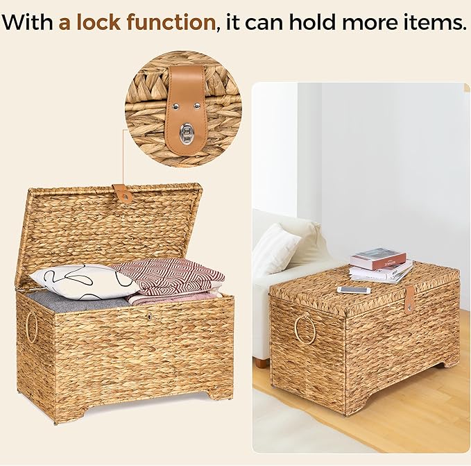 Handwoven Storage Basket with Lid, 165L Wicker Storage Bin, Natural Water Hyacinth, Leather Buckle & Metal Frame, Metal Ring Handles for Easy Transport, Storage Chest & Trunk for Bedroom, Living Room-Ruum Studio Home