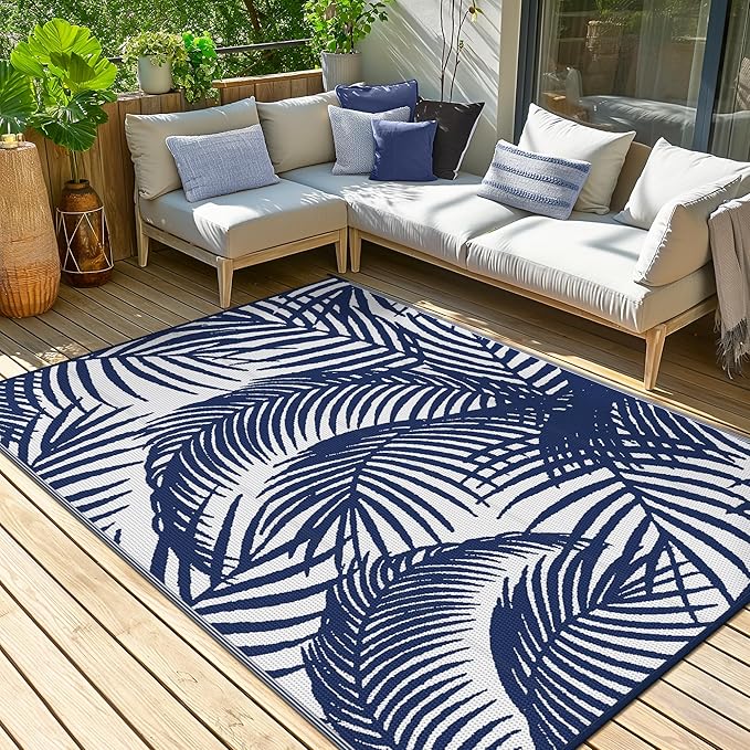 GENIMO Outdoor Rug 5' x 8' Waterproof for Patio Clearance, Reversible Plastic Straw Camping Carpet, Lightweight Mats for Rv, Backyard, Deck, Porch, Picnic, Beach, Balcony, Blue & White-Ruum Studio Home