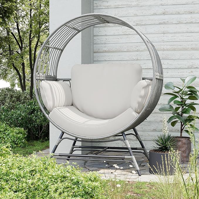 Egg Chair Outdoor Indoor, Oversized Rattan Chair with Thicken Cushion, 350LBS Capacity Wicker Patio Lounge Chair, Basket Chair for Living Room Balcony Porch Backyard, Grey/Light Grey-Ruum Studio Home