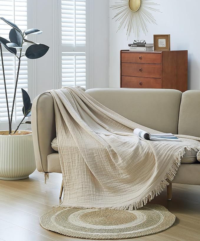 100% Cotton Muslin Throw Blanket for Bed, Couch, Small, Decorative, Soft, Pre-Washed, Breathable and Lightweight Gauze Blanket with Tassels, Suitable for All Seasons, Beige, 50"x60"-Ruum Studio Home