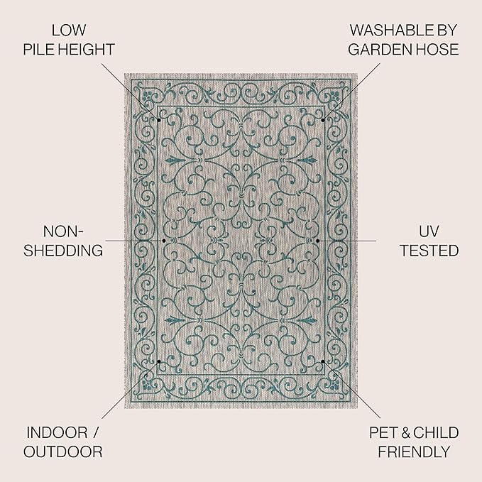 JONATHAN Y Vintage Filigree Indoor Outdoor Area Rug 4X6 Gray/Teal, Charleston Textured Weave for Backyard, Patio, Porch, Easy-Cleaning, High Traffic, Pet-Friendly, Non-Shedding (SMB106E-4)-Ruum Studio Home