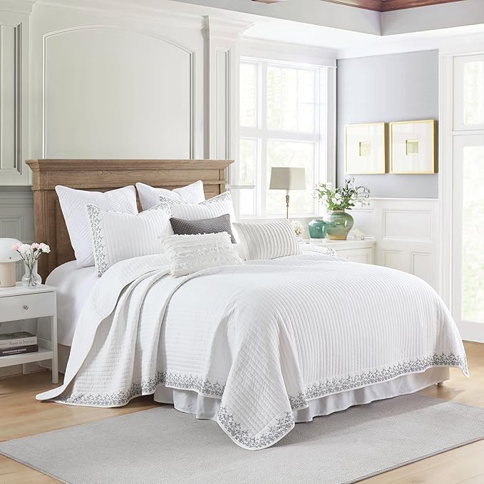 MarCielo 3-Piece 100% Cotton White Striped Quilt Set with Botanical Edge Embroidery TC(Sakura White,Queen (98" X 90"))-Ruum Studio Home