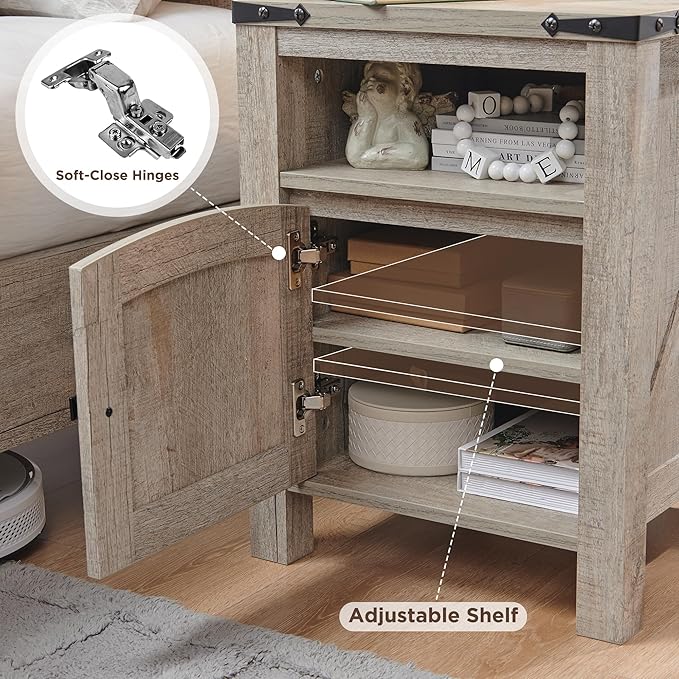 OKD Nightstand with Charging Station Set of 2, 18 Inchs Farmhouse End Table with Adjustable Storage Shelf, Rustic Wood Sofa Side Table for Bedroom-Ruum Studio Home