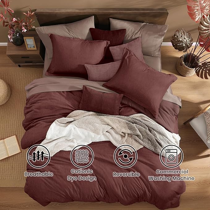 Monbix Full Size Comforter Set, Dark Red Bedding Comforter for Full Size Bed Set Reversible, Bedding Sets Full 7 Pieces, Cationic Dyeing Bed in a Bag with Comforter, Sheets, Pillowcases & Shams-Ruum Studio Home
