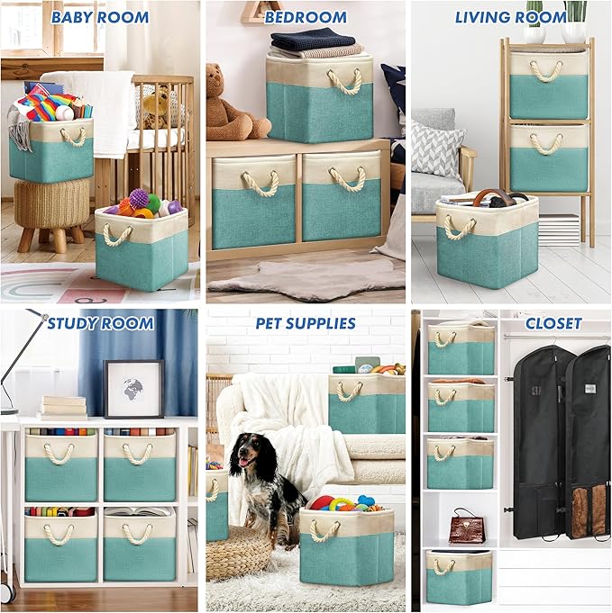 SIMPLE HOUSEWARE Fabric Storage Cubes, 13" x 13" Storage Bin, 3 Pack, Turquoise-Ruum Studio Home