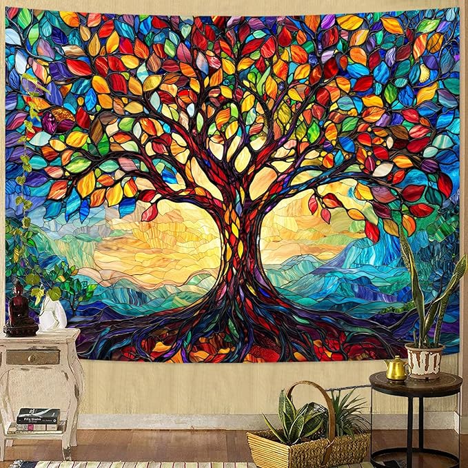 Lunerfex Tree of Life Tapestry Stained Glass Tapestry Wall Decor Tapestries for Bedroom Art Tapestries Wall Hanging for Bedroom Living Room Glass-Tree-01 60"x80"-Ruum Studio Home