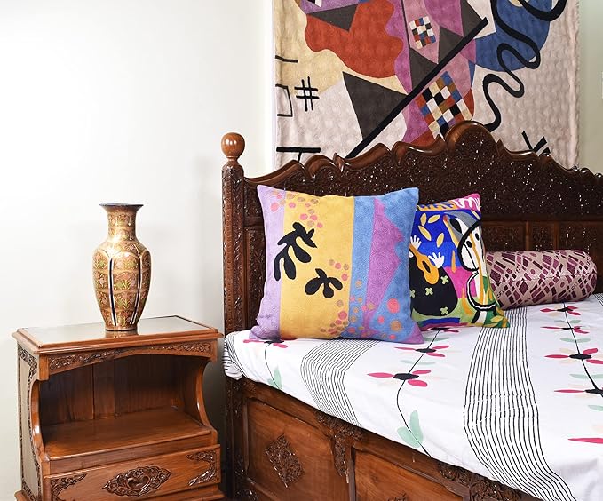 Matisse Gold Pillow Cover Purple Modern Pillowscase Chair Cushion Abstract Farmhouse Flower Outdoor Mid Century Hand Embroidered Wool Size 18x18-Ruum Studio Home