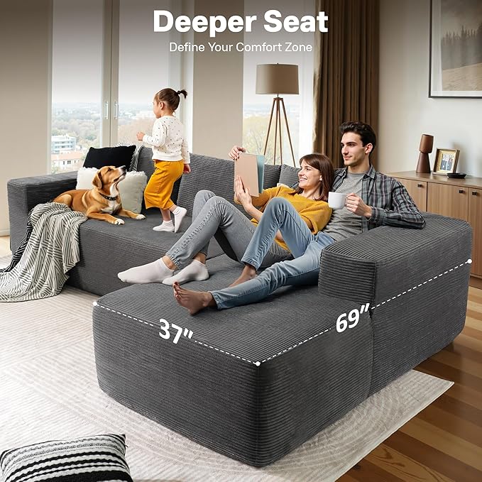 104" Cloud Sectional Couches for Living Room,L Shaped Boneless Couch in A Box,Sleeper Sofa with Comfy Chaise No Assembly Required,Grey-Ruum Studio Home