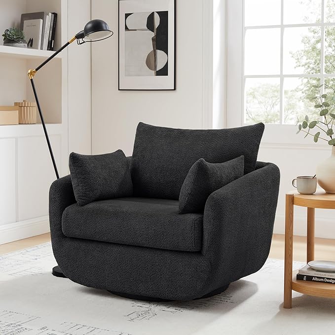 360° Swivel Accent Armchair, 39.3" Oversized, Sherpa Boucle Fabric Sofa Chair with Removable Back & Arm Pillows, Swivel Chair with Cozy Soft Padded, No Assembly Required (1, Dark Gray)-Ruum Studio Home