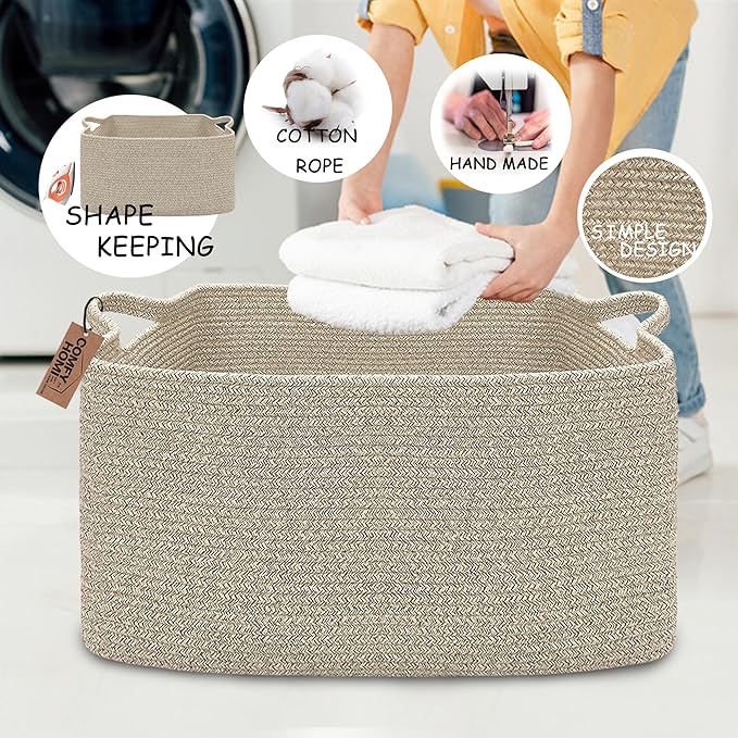 COMFY-HOMI Large Rectangular Blanket Basket, Woven Cotton Rope Baskets for Storage, Laundry Hamper Basket, Storage Bin,Toy Organizing Bin with Handle, Organization and Storage-22x15x12”-Brown-Ruum Studio Home