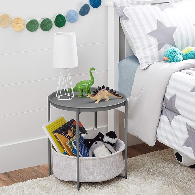 Amazon Basics Round Storage End Table, Side Table with Cloth Basket, Charcoal/Heather Gray, 17.7 x 17.7 x 18.9 in-Ruum Studio Home