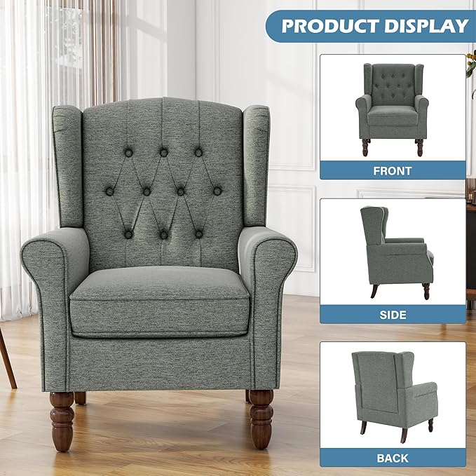 UIXE High Back Accent Chair, Fabric Upholstered Armchair for Living Room, Retro Wingback Arm Chair Comfy Single Sofa Bedroom Reading Seat with Solid Wooden Legs - Gray-Ruum Studio Home