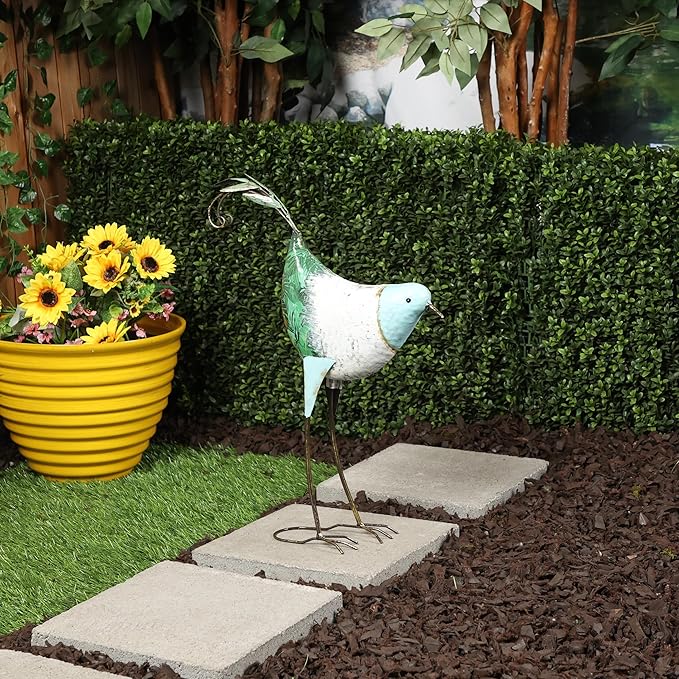 Alpine Corporation MCC702 Head-Down Metal Bird Outdoor Statue, Animal Décor for Patio, Lawn & Garden, 24" H, Blue and White-Ruum Studio Home