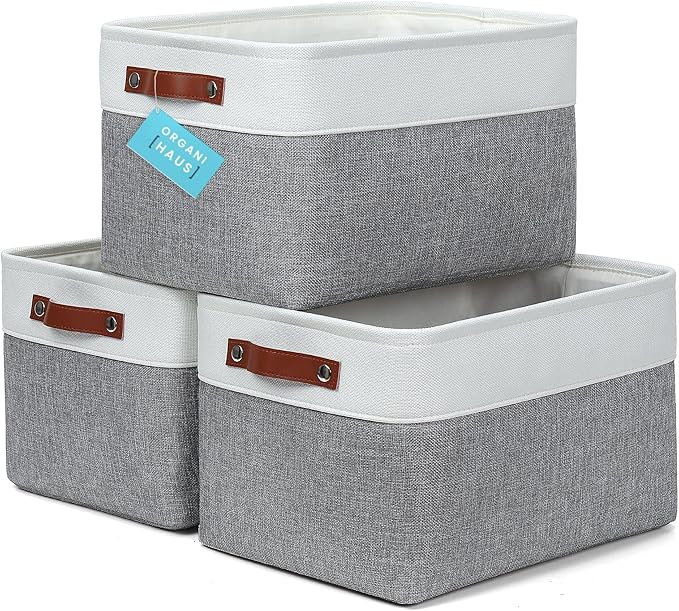 OrganiHaus Large Fabric Storage Baskets for Shelves 3 Pack, 15x11in Closet Storage Bins for Shelves, Cloth Baskets for Organizing, Linen Closet Organizers, Fabric Basket, Gray/White-Ruum Studio Home