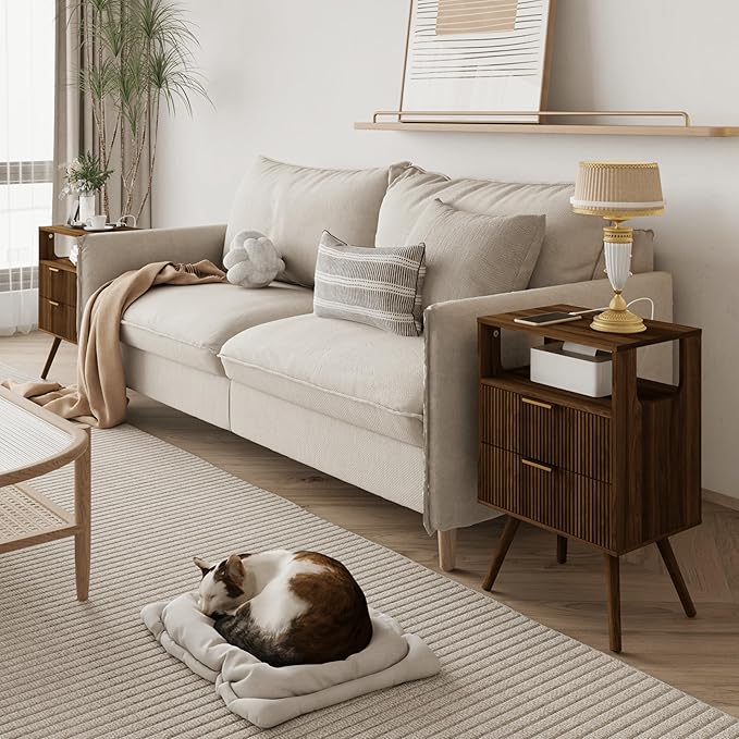 Nightstand with Charging Station and LED Lights,Modern Bedside Table with 2 Storage Drawer and Open Wood Shelf, for Bedroom and Small Spaces,Night Stand with Solid Wood Legs,Walnut Brown-Ruum Studio Home