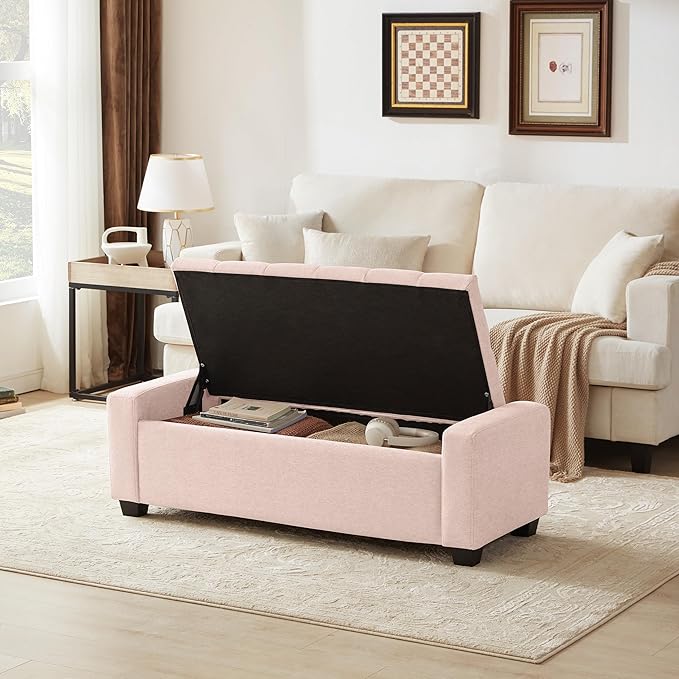 48" Ottoman with Storage, Pink Storage Ottoman Bench with Safety Hinge, Upholstered Entryway Bench with Seating for Bedroom, Living Room, Holds up to 330 lb-Ruum Studio Home