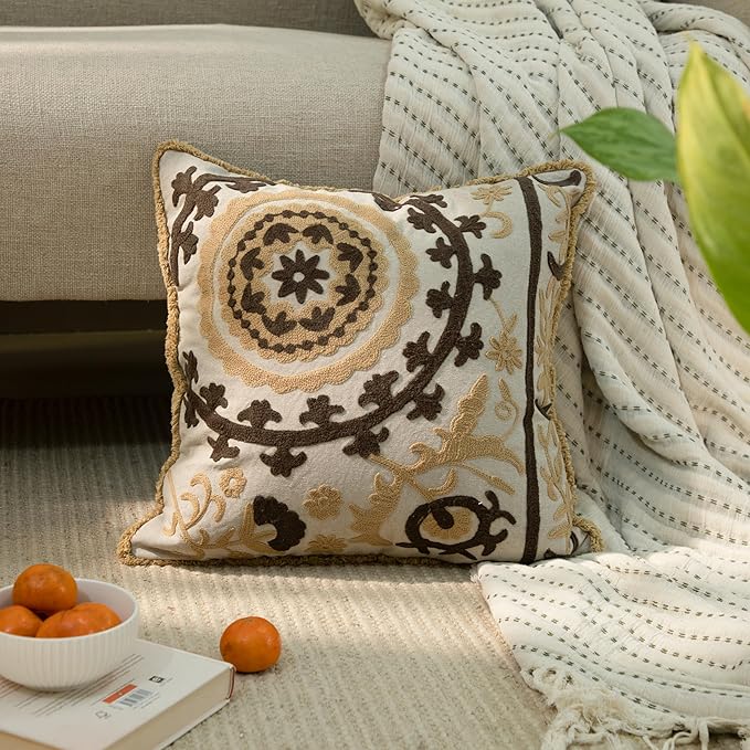 Embroidered Floral Mandala Vintage Indian Cotton Decorative Embroidery Throw Pillow Covers, Fringes Lace Cushion Cover, Pillow Case for Sofa Couch Bed Chair 18" x 18"-Ruum Studio Home