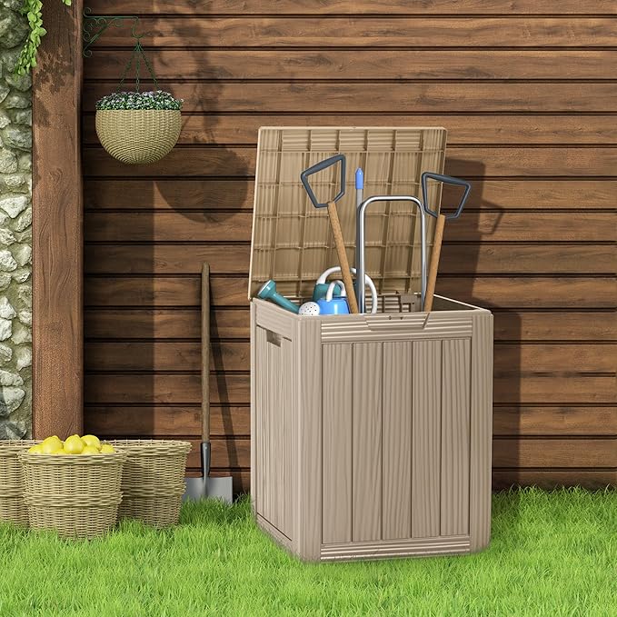 28 Gallon Deck Box Large Outdoor Storage for Patio Furniture,Outdoor Cushions,Garden Tools and Pool Supplies,Waterproof,Resin,Lockable(Grey)-Ruum Studio Home