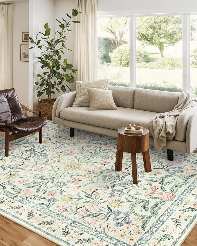 Wonnitar Washable Area Rugs 5x7, Soft Floral Bedroom Area Rug, Washable Carpet 5x7 Non Slip, Boho Flower Print Beige Carpets for Living Room Bedside Dining Room-Ruum Studio Home