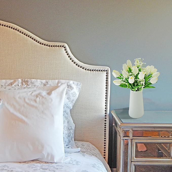 Mandy's Artificial Tulips 20 Stems White with 3pcs White Baby's Breath PU Faux Flowers for Wedding Home Decor 13.5 Inch-Ruum Studio Home