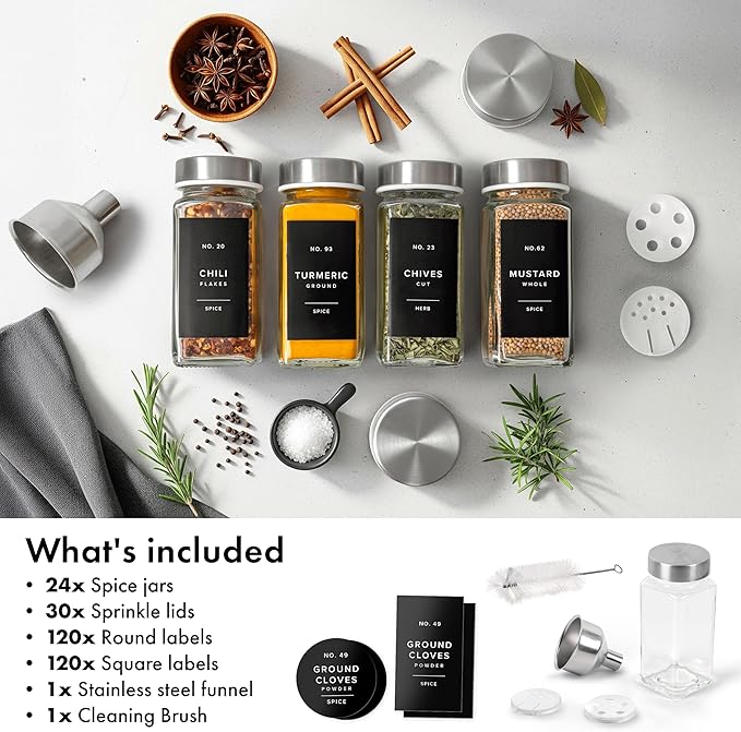 Glass Spice Jars with Labels and Steel Lids (24 x 4oz) Spice Containers with 240 Label, Steel Funnel, Shaker Inserts, Empty Square Seasoning Organizer for Spice Rack, Cabinet, Drawer-Ruum Studio Home