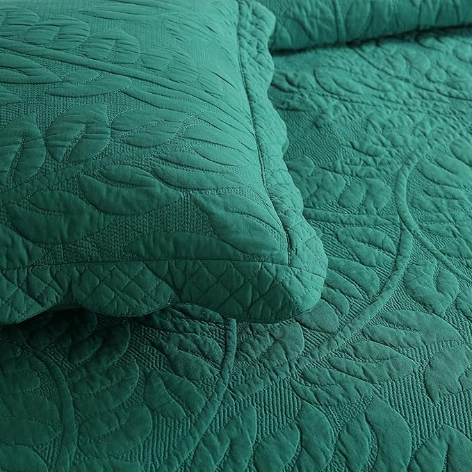 MarCielo 3-Piece 100% Cotton Oversized Bedspread Lightweight Quilt Coverlet Embroidery Farmhouse Bedding Set T0 (Emerald, Oversized King (118"x106"))-Ruum Studio Home