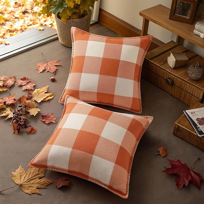 decorUhome Fall Orange and White Decorative Throw Pillow Covers 24x24 Set of 2, Buffalo Plaid Check Farmhouse Cushion Covers with Stitched Edge for Autumn Harvest Couch Sofa Bed Home Decor-Ruum Studio Home