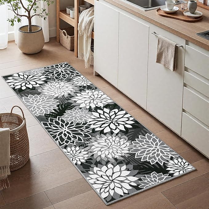 Area Rug 2x6 Black White Washable Entry Rug Multicolored Tropical Botanical Modern Floral Indoor Kitchen Door Mat Entrance Carpet Non Slip for Bedroom Living Room, Porch-Ruum Studio Home