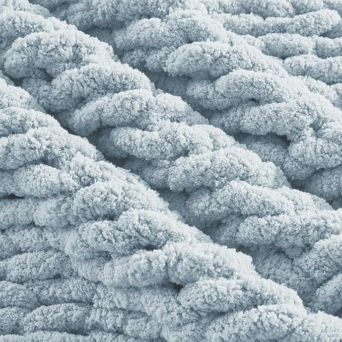 Carriediosa Chunky Knit Throw Blanket 60" X 80" Twin, 100% Hand Made Large Chenille Loop Yarn Soft Fluffy Throws for Couch Sofa Bed, Big Crochet Cozy Heavy Thick Cable Woven Blanket, Light Blue-Ruum Studio Home