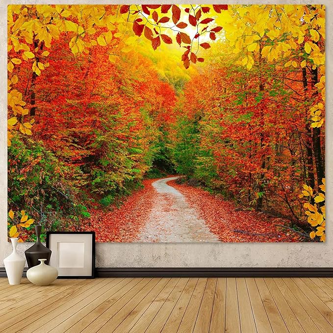 AMM Autumn Forest Tapestry Nature Fall Tree Thanksgiving Tapestry for Bedroom Aesthetic Autumn Path Yellow Red Fallen Leaves Landscape Tapestries Wall Hanging for Living Room Dorm 80 x 60 Inch-Ruum Studio Home